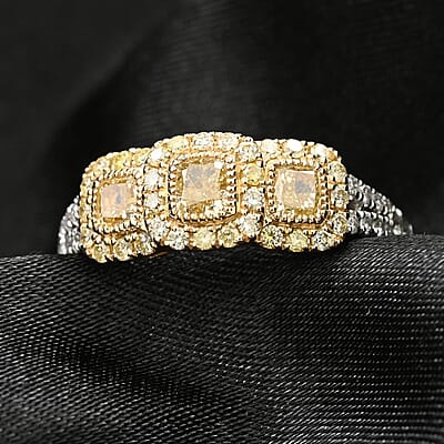 JCK Modani Closeout Natural Yellow and White Diamond (SI) 0.93 ctw Trilogy Ring in 14K White and Yellow Gold (Size 8.5)