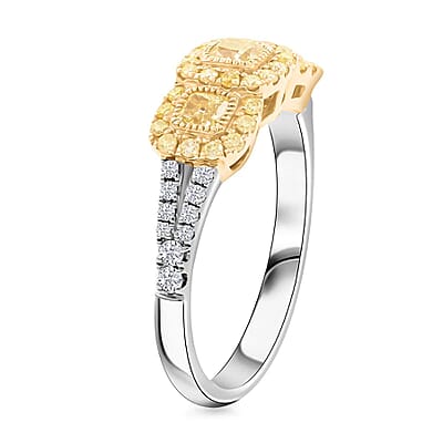 JCK Modani Closeout Natural Yellow and White Diamond (SI) 0.93 ctw Trilogy Ring in 14K White and Yellow Gold (Size 8.5)