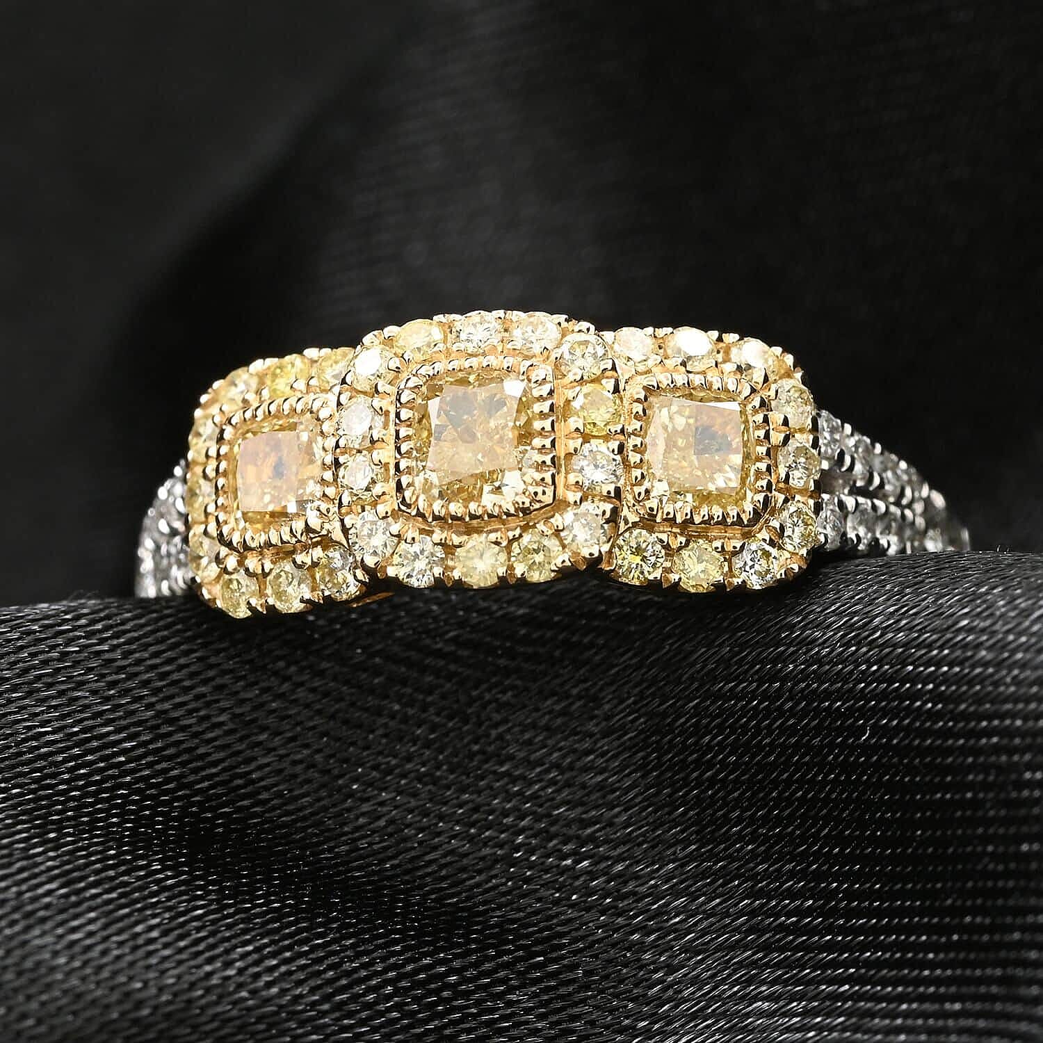 JCK Modani Closeout Natural Yellow and White Diamond (SI) 0.93 ctw Trilogy Ring in 14K White and Yellow Gold (Size 9.5)