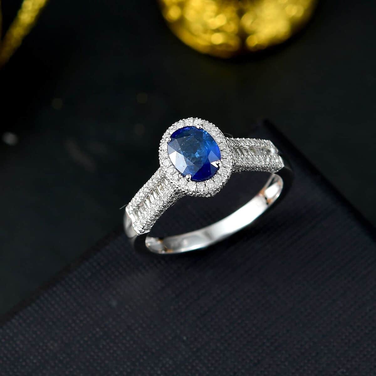 Luxoro AAA Ceylon Blue Sapphire and G-H I2 Diamond 2.30 ctw Halo Ring in 14K White Gold (Size 10.0) 4.90 Grams image number 1