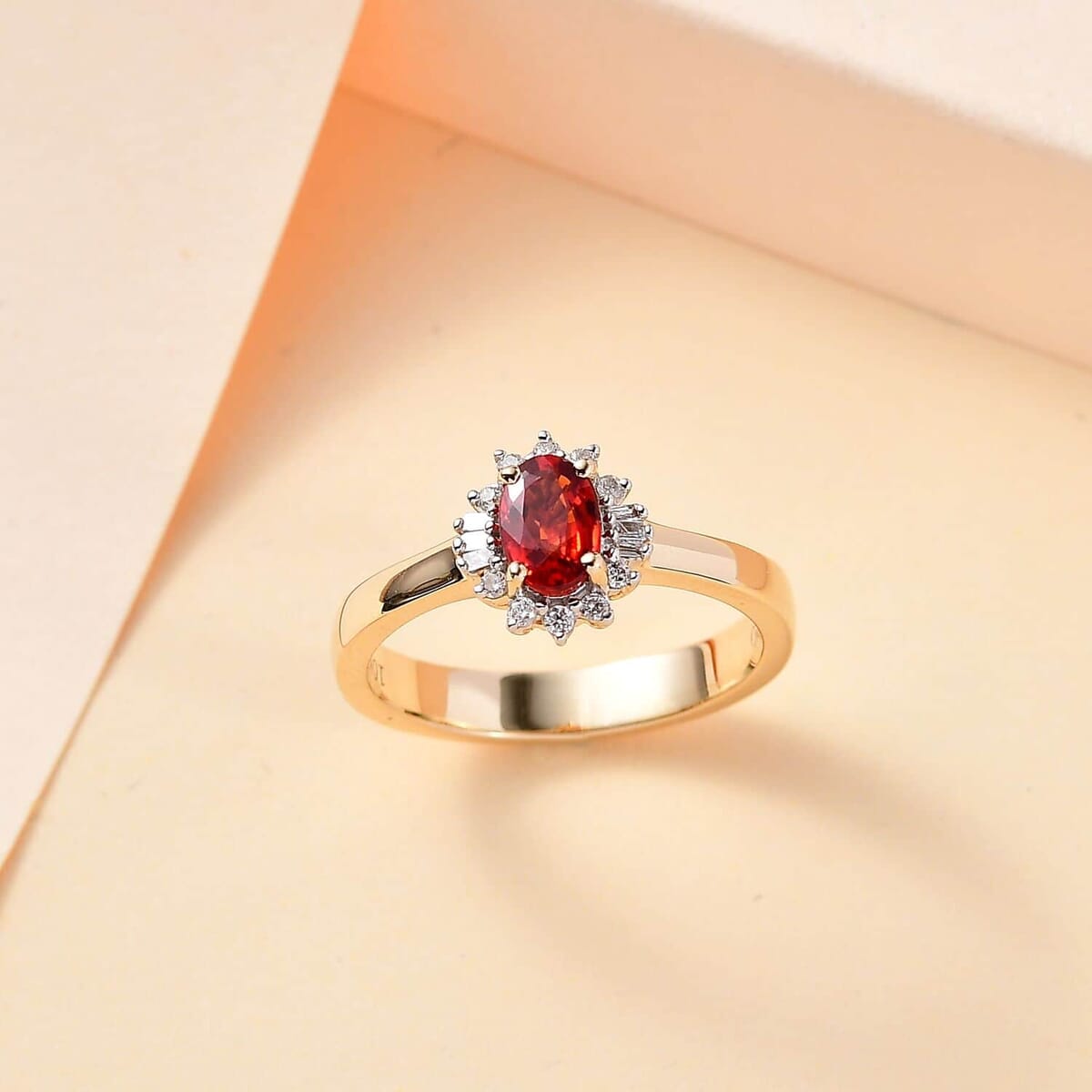 Luxoro AAA Sanguine Sapphire and I2 Diamond 0.75 ctw Art Deco Ring in 10K Yellow Gold (Size 5.5) image number 1