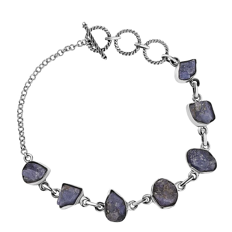 D'Joy Indian Artisan Crafted Rough Cut Tanzanite 26.40 ctw Fancy Bracelet in Sterling Silver (6.50-8.0In)
