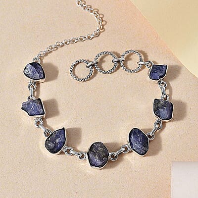 D'Joy Indian Artisan Crafted Rough Cut Tanzanite 26.40 ctw Fancy Bracelet in Sterling Silver (6.50-8.0In)