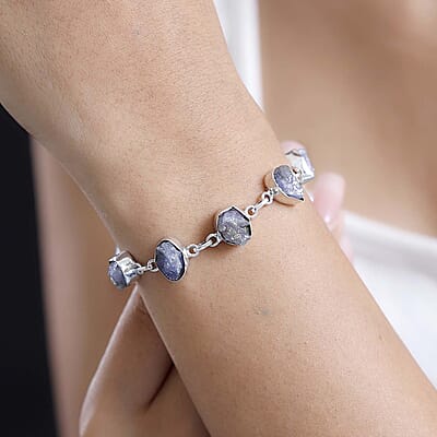 D'Joy Indian Artisan Crafted Rough Cut Tanzanite 26.40 ctw Fancy Bracelet in Sterling Silver (6.50-8.0In)