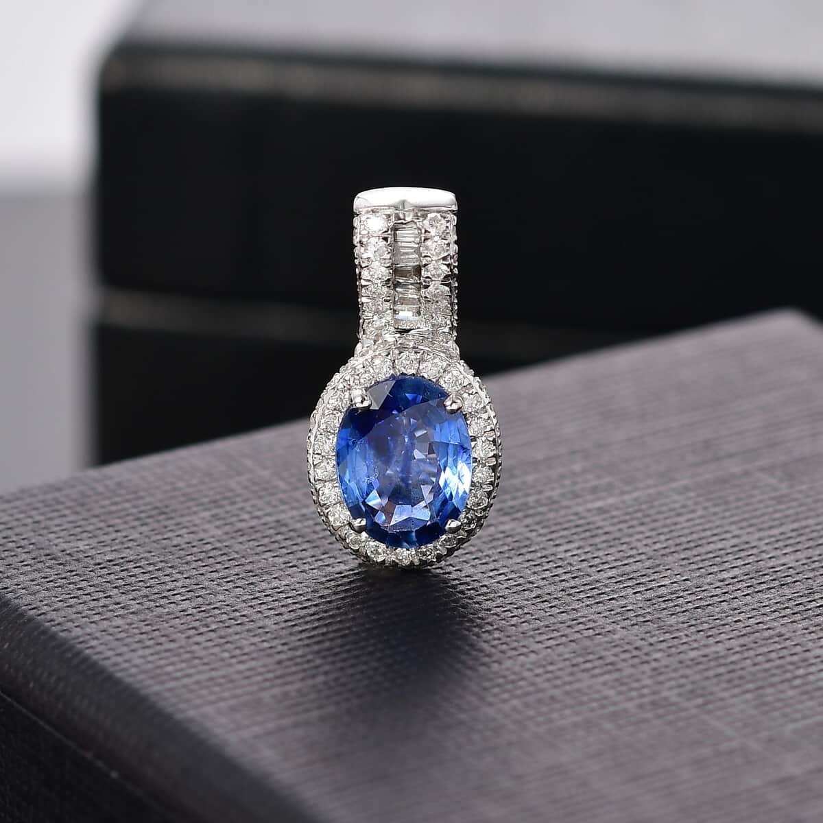 Luxoro AAA Ceylon Blue Sapphire and White Diamond I2 1.95 ctw Halo Pendant in 14K White Gold image number 1