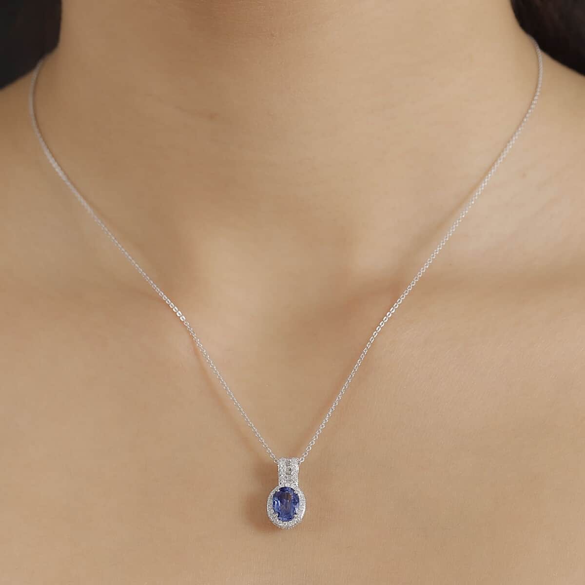 Luxoro AAA Ceylon Blue Sapphire and White Diamond I2 1.95 ctw Halo Pendant in 14K White Gold image number 2