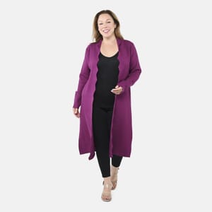 Badgley Mischka Scalloped Open-Front Edges Slim-Fit, Super-Soft & Cozy Double-Knit Sweater Coat- Grape M