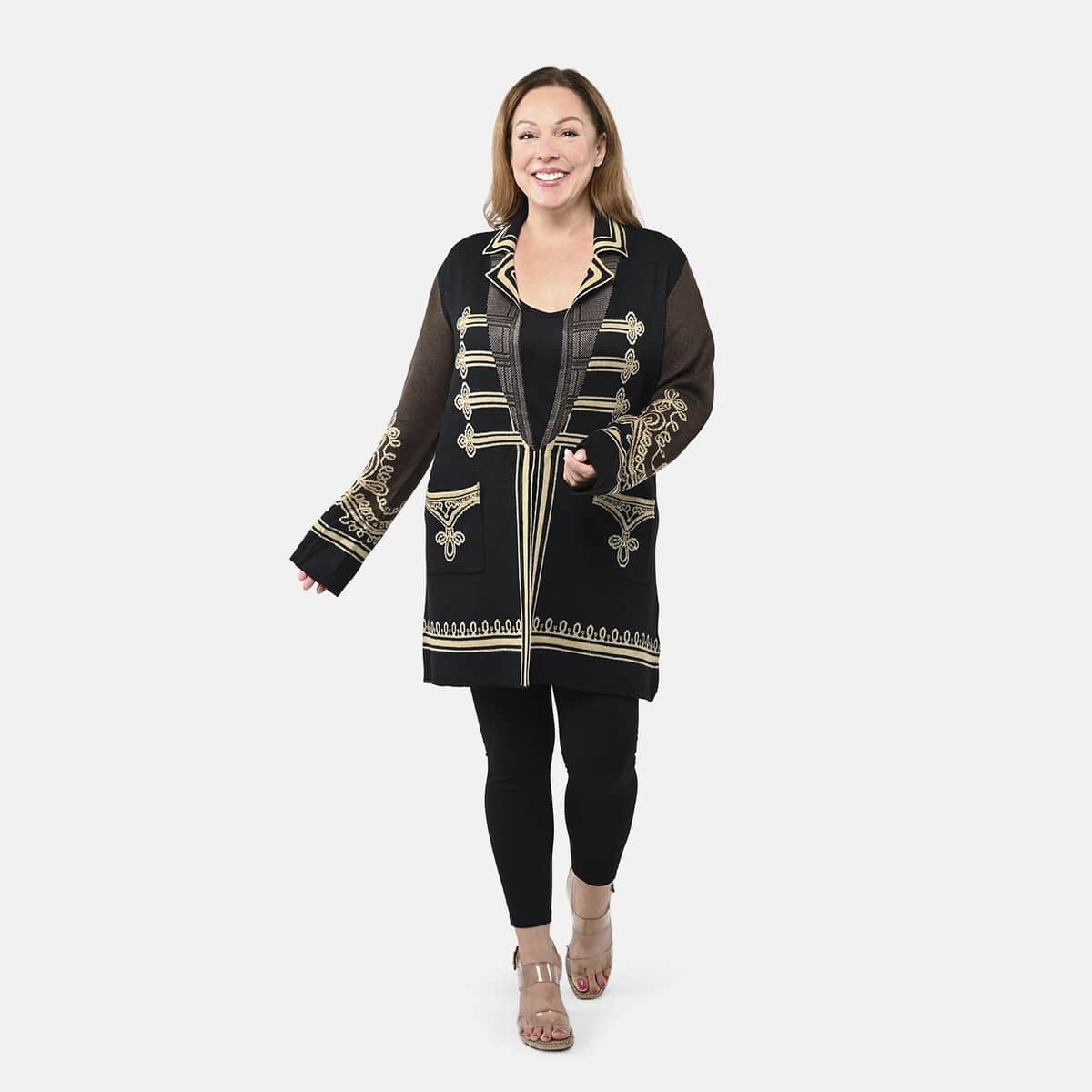 Badgley Mischka Gold Embroidered Baroque Double Knit Jacquard Wool Blend Coat - Black S image number 0