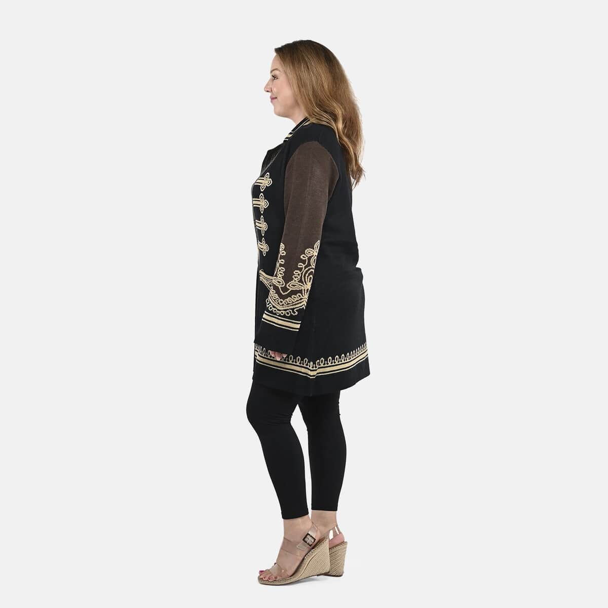 Badgley Mischka Gold Embroidered Baroque Double Knit Jacquard Wool Blend Coat - Black S image number 1