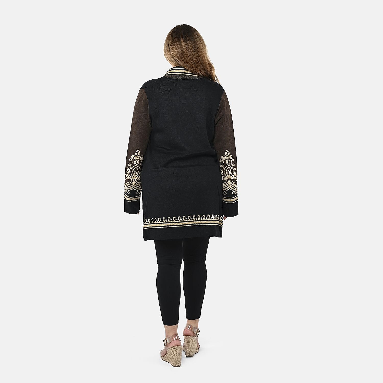 Badgley Mischka Gold Embroidered Baroque Double Knit Jacquard Wool Blend Coat - Black S