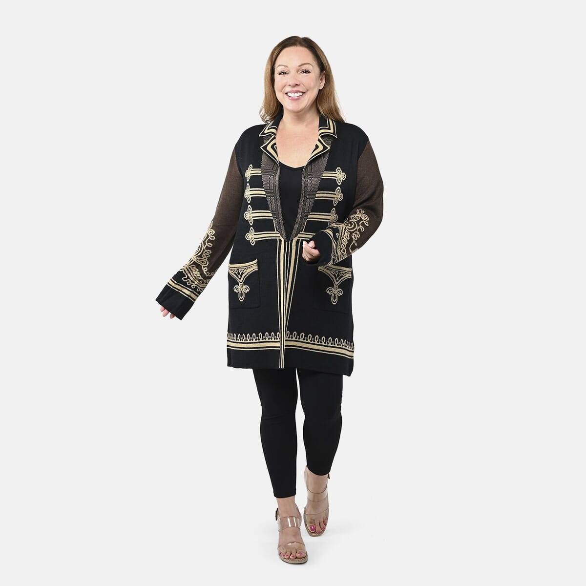 Badgley Mischka Gold Embroidered Baroque Double Knit Jacquard Wool Blend Coat - Black L image number 0