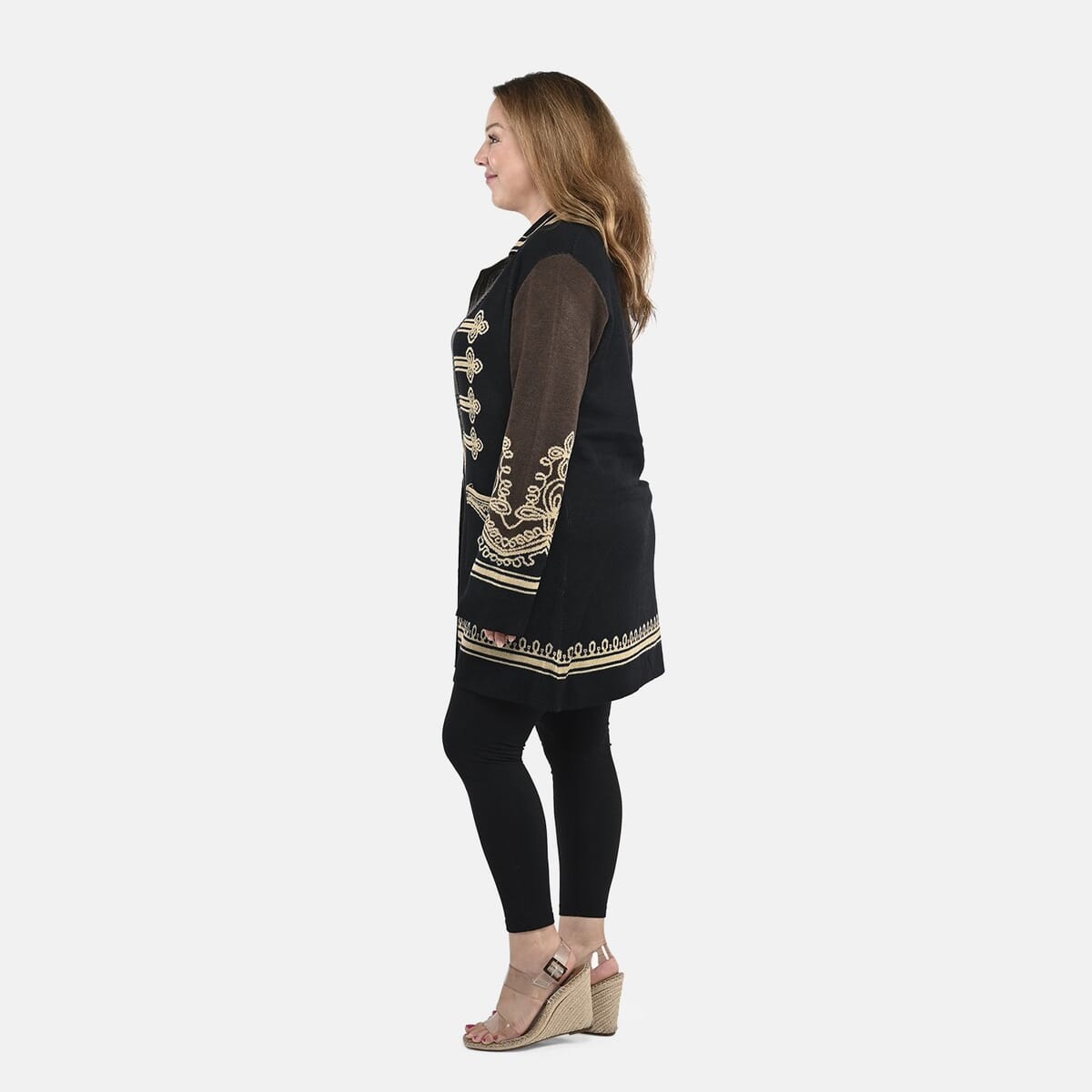 Badgley Mischka Gold Embroidered Baroque Double Knit Jacquard Wool Blend Coat - Black L image number 1
