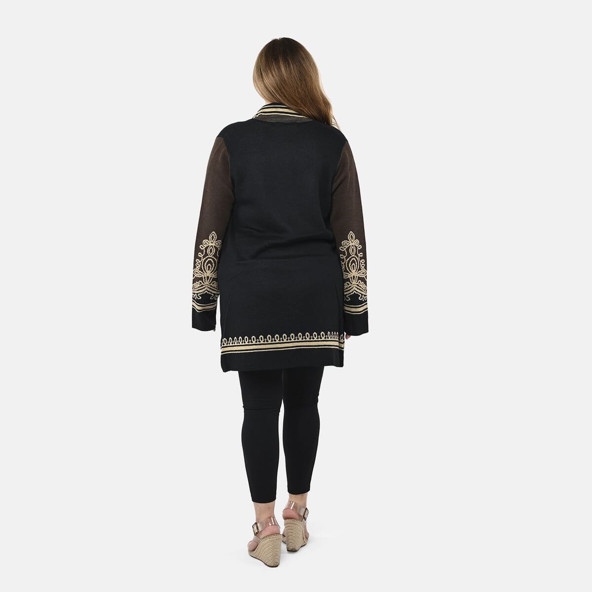 Badgley Mischka Gold Embroidered Baroque Double Knit Jacquard Wool Blend Coat - Black L image number 2