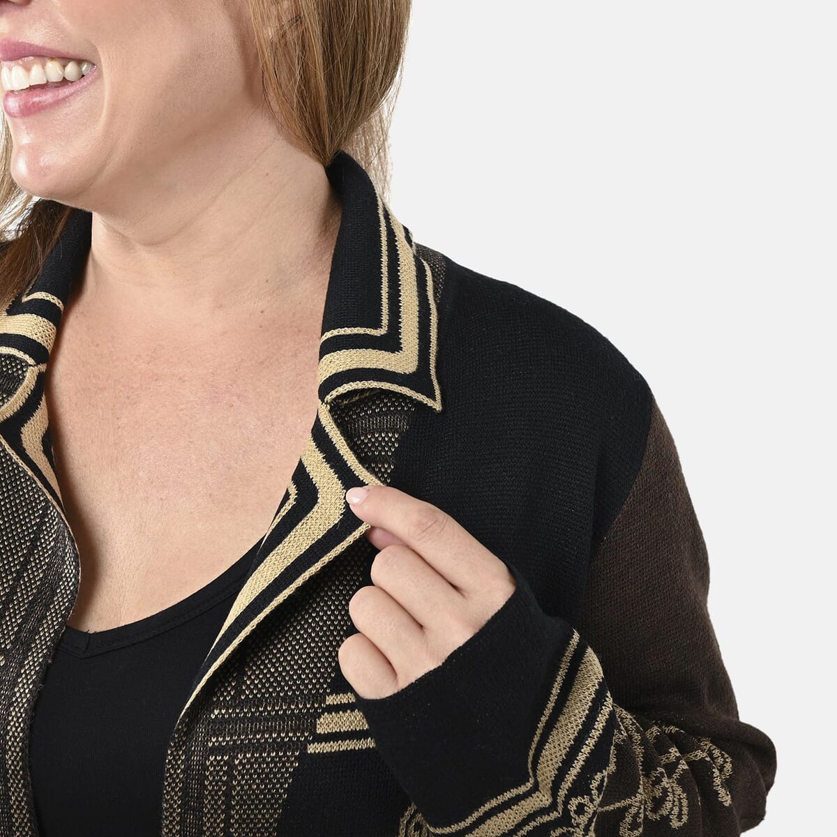 Badgley Mischka Gold Embroidered Baroque Double Knit Jacquard Wool Blend Coat - Black L image number 3