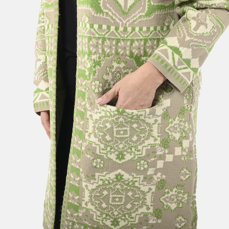 Badgley Mischka Green Eastern Adobe Tapestry Double Knit Jacquard Coat - S