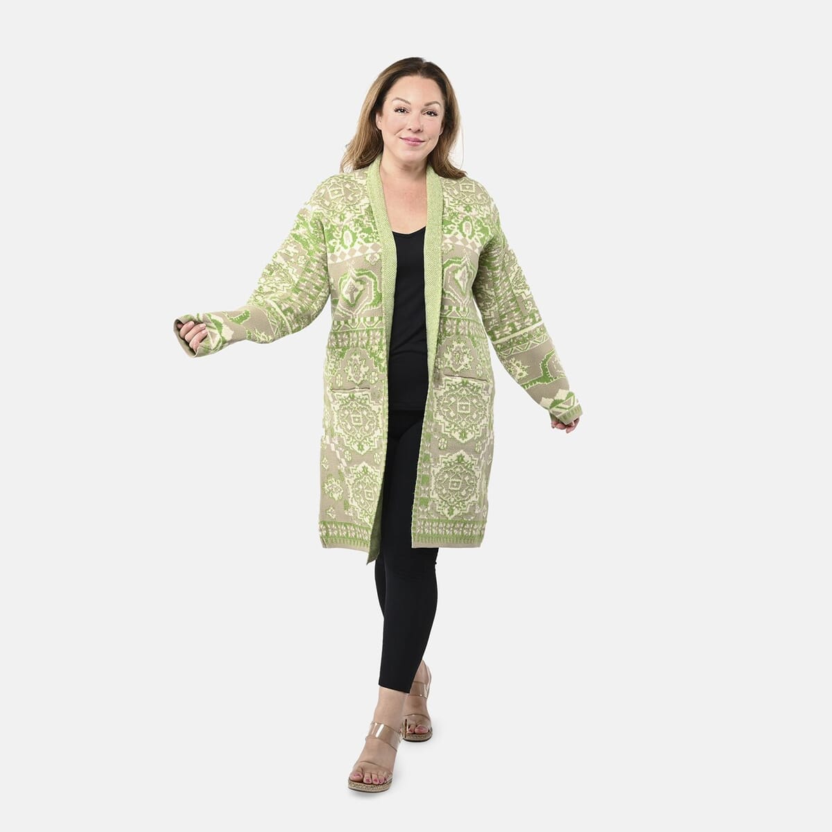 Badgley Mischka Green Eastern Adobe Tapestry Double Knit Jacquard Coat - XL image number 0