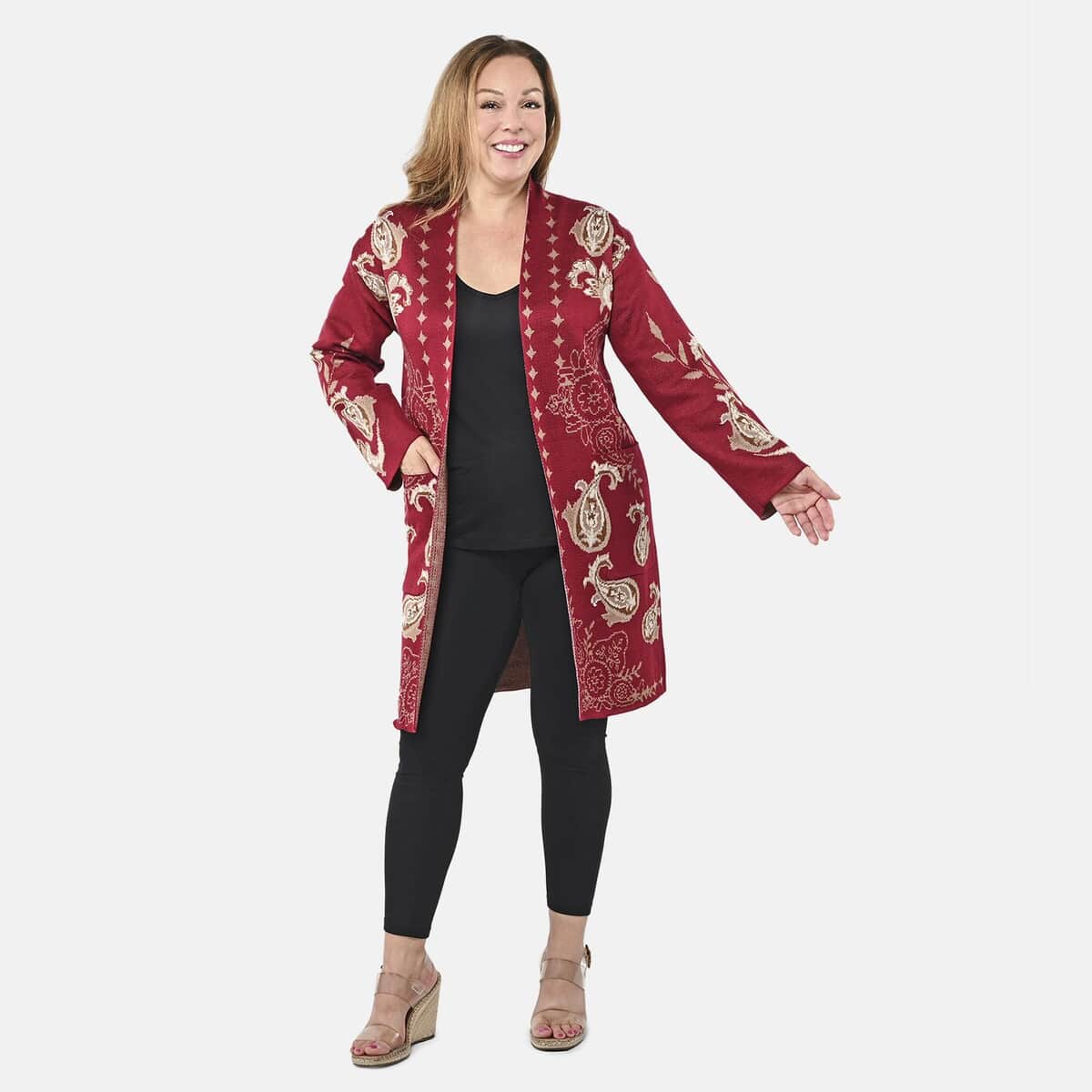 Badgley Mischka Burgundy Lotus Paisley Double Knit Jacquard Coat - S image number 0