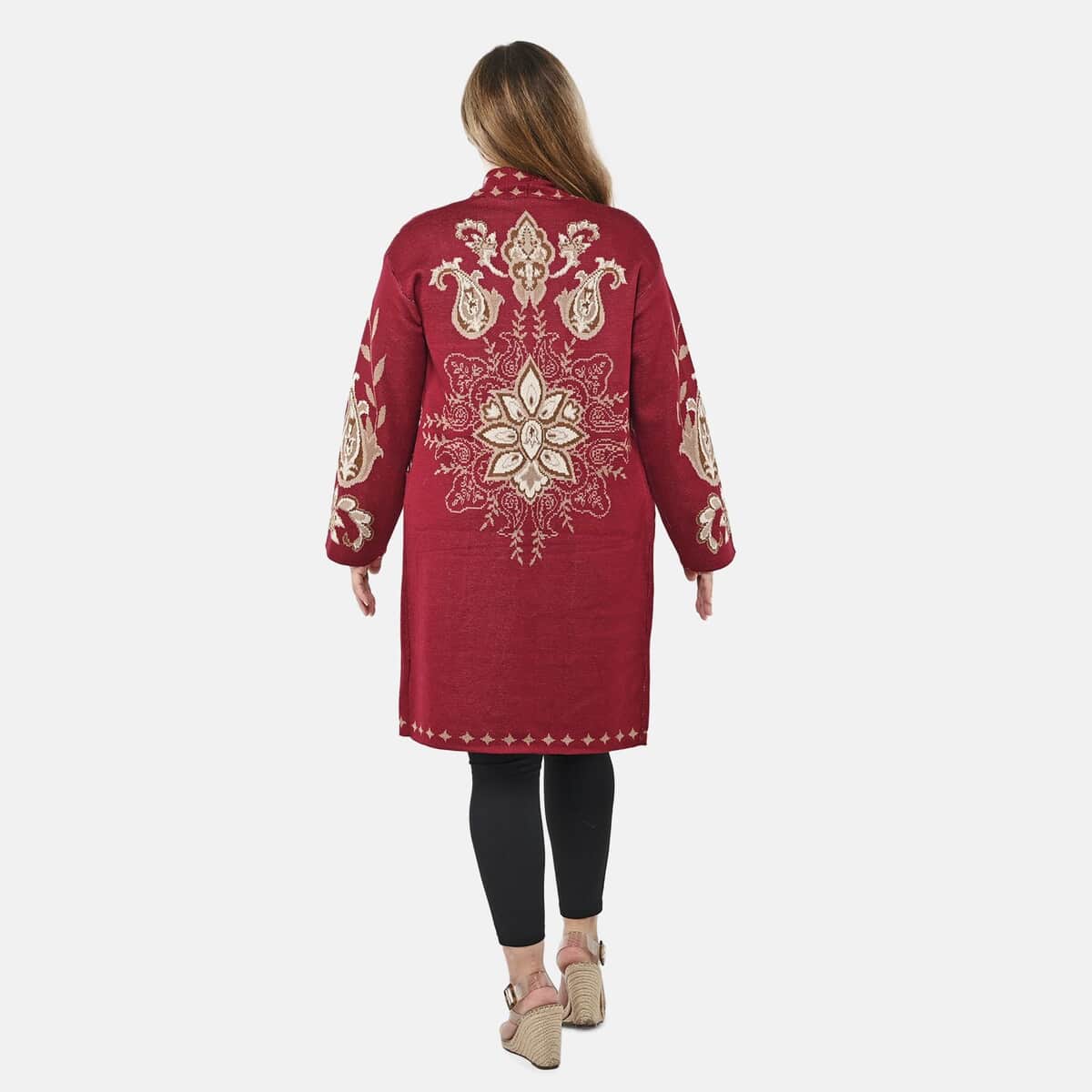 Badgley Mischka Burgundy Lotus Paisley Double Knit Jacquard Coat - S image number 1