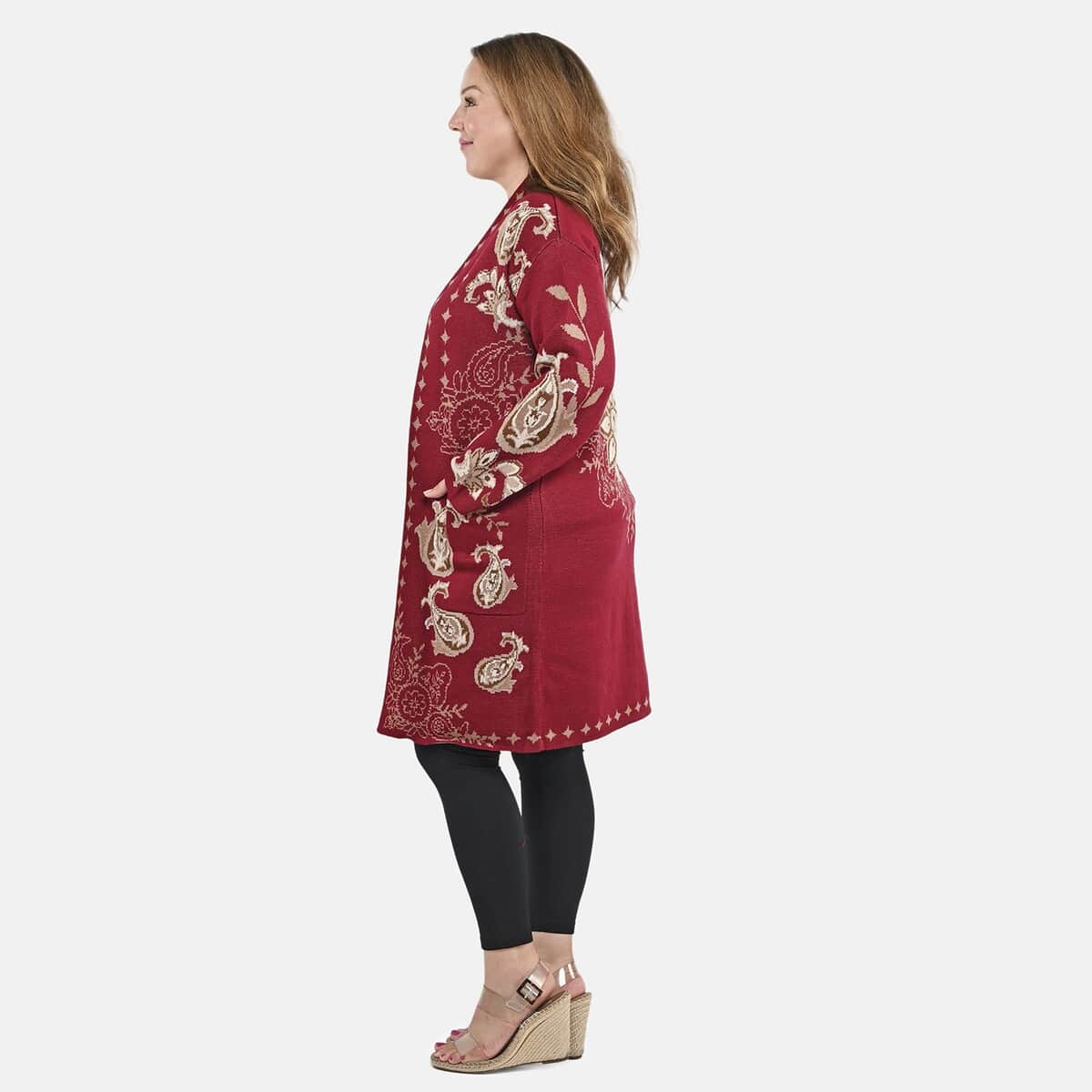 Badgley Mischka Burgundy Lotus Paisley Double Knit Jacquard Coat - S image number 2