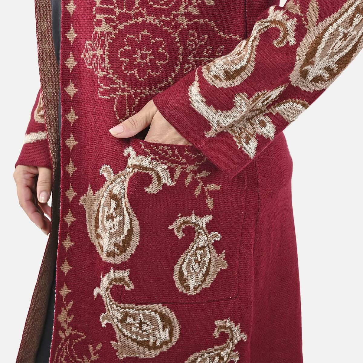 Badgley Mischka Burgundy Lotus Paisley Double Knit Jacquard Coat - S image number 3