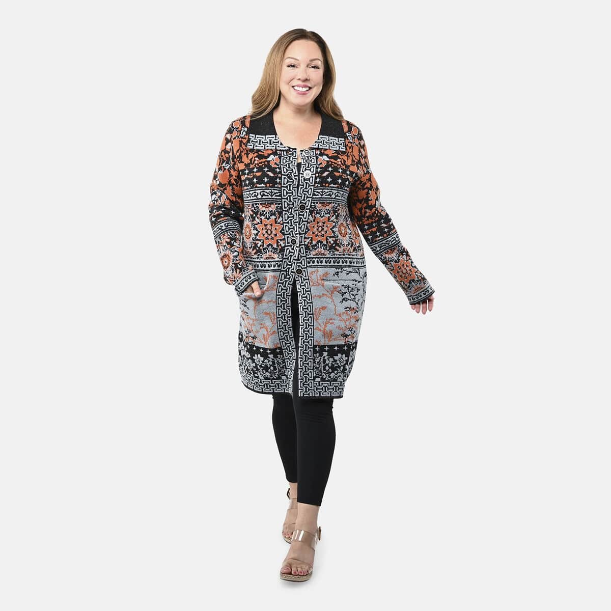 Badgley Mischka Orange Floral Cottage Double Knit Jacquard Coat - S image number 0