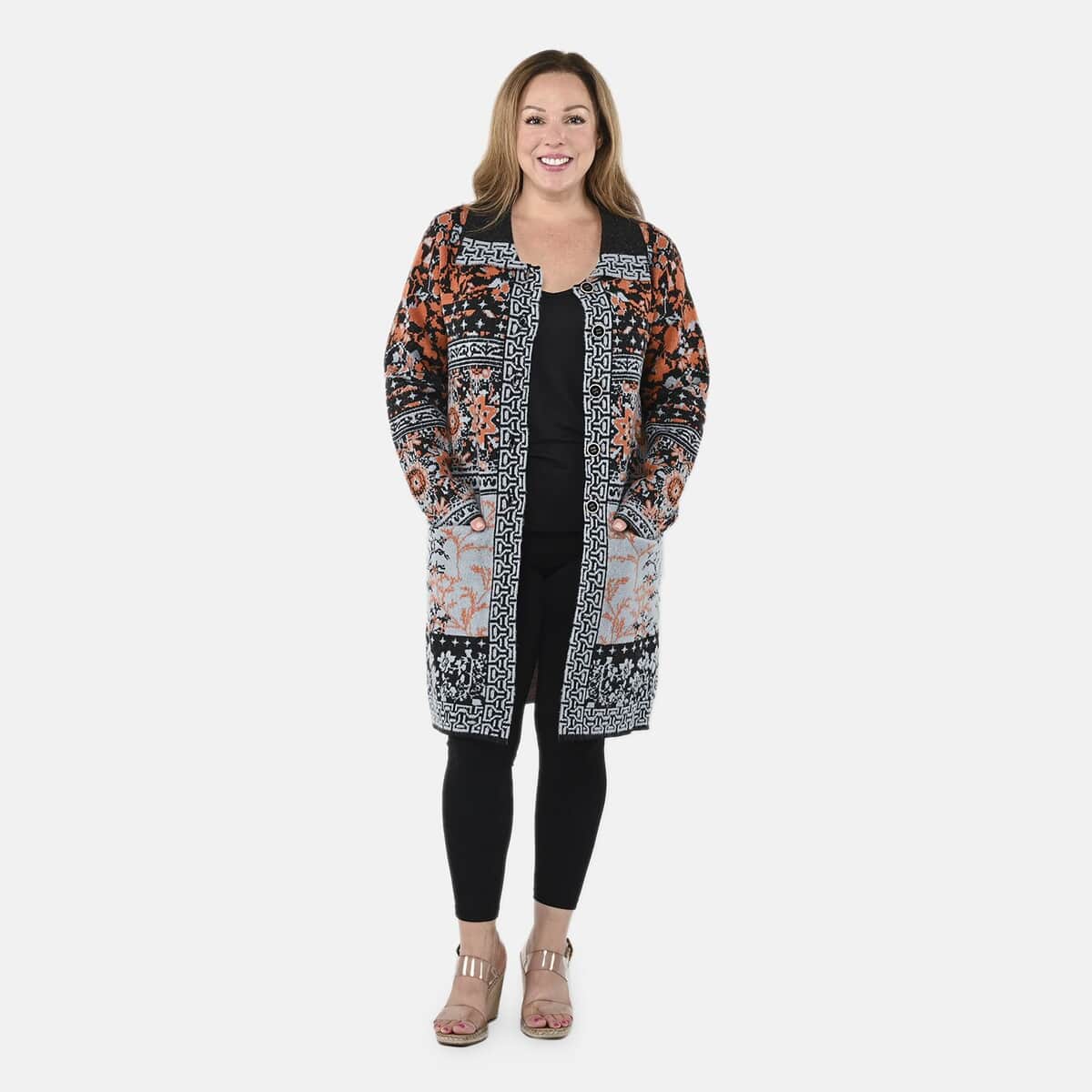 Badgley Mischka Orange Floral Cottage Double Knit Jacquard Coat - S image number 3