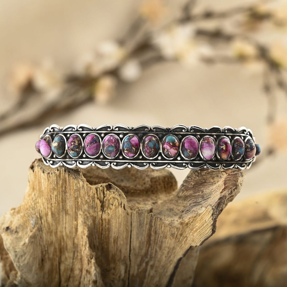 Santa Fe Style Rainbow Turquoise 10.75 ctw Cuff Bracelet in Sterling Silver (7.0 In) image number 1