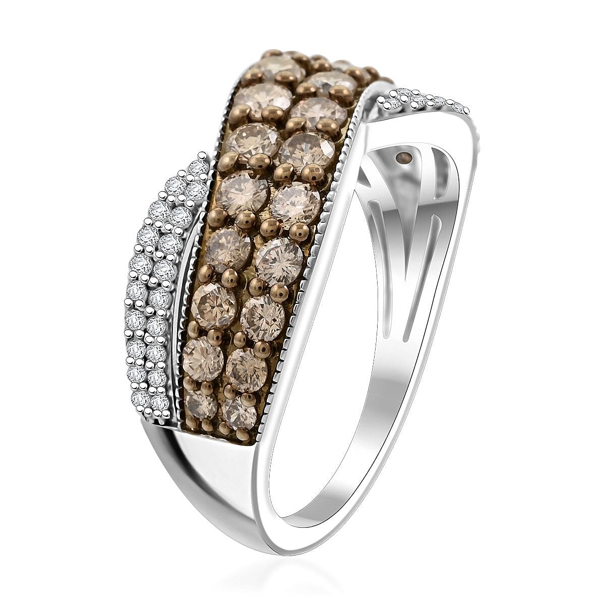 Mumbai Closeout Natural Champagne and White Diamond Ring in Sterling Silver (Size 8.0) 1.00 ctw image number 3