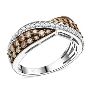 Natural Champagne and White Diamond Bridge Over Ring in Sterling Silver (Size 10.0) 1.00 ctw