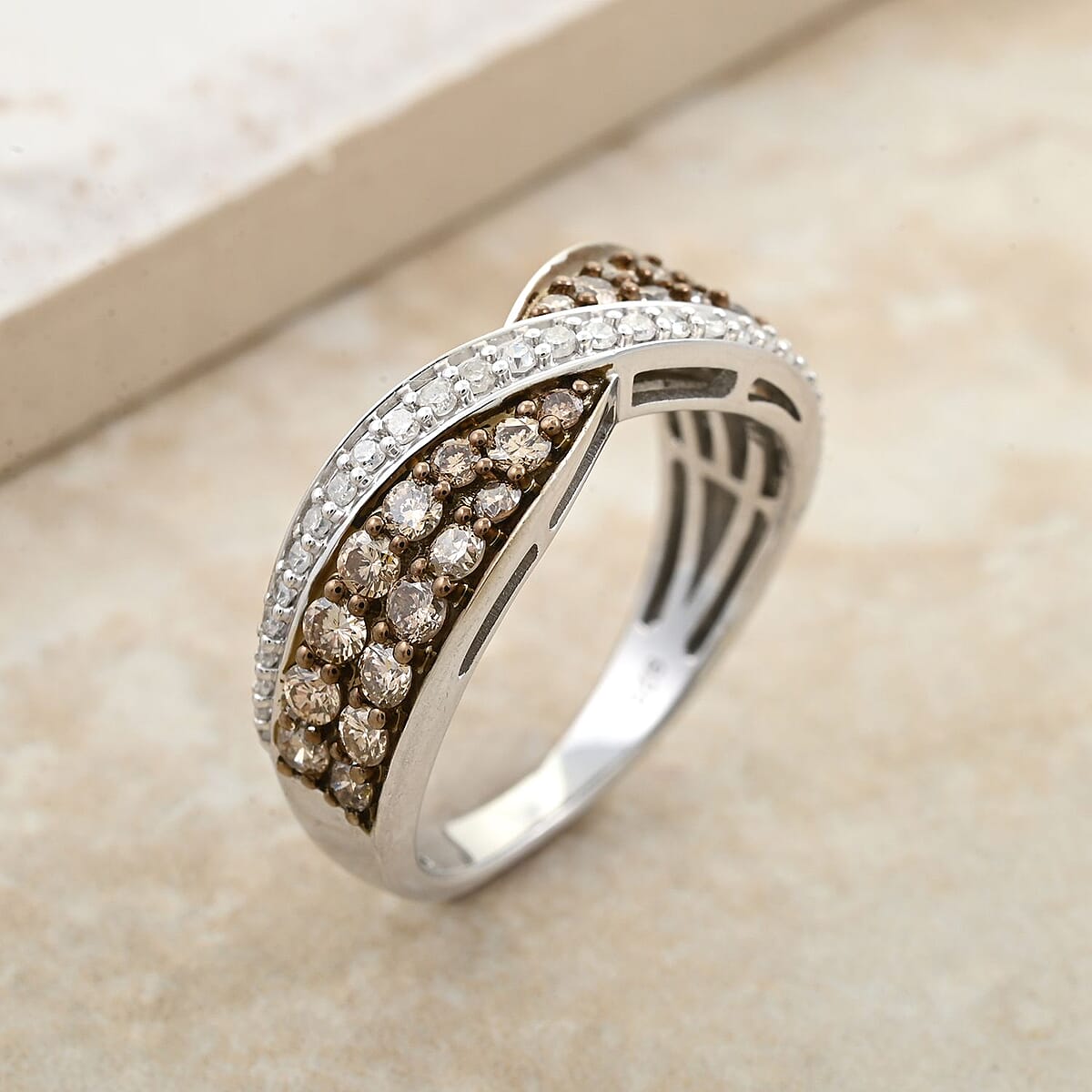 Natural Champagne and White Diamond Bridge Over Ring in Sterling Silver (Size 8.0) 1.00 ctw image number 1