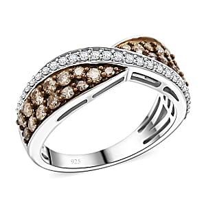 Natural Champagne and White Diamond Bridge Over Ring in Sterling Silver (Size 9.0) 1.00 ctw