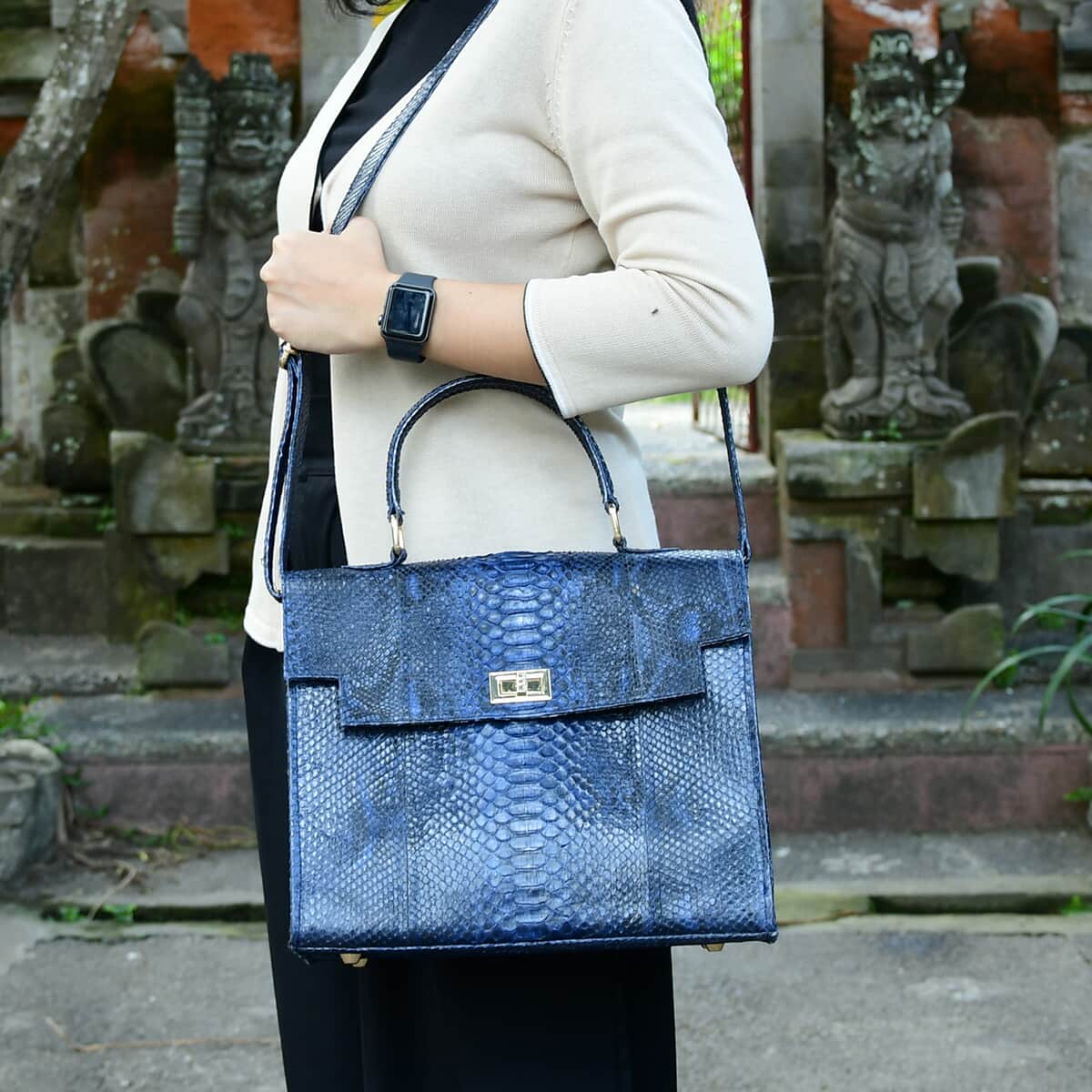 Doorbuster The Grand Pelle Navy Color 100% Genuine Python Leather Tote Bag image number 2