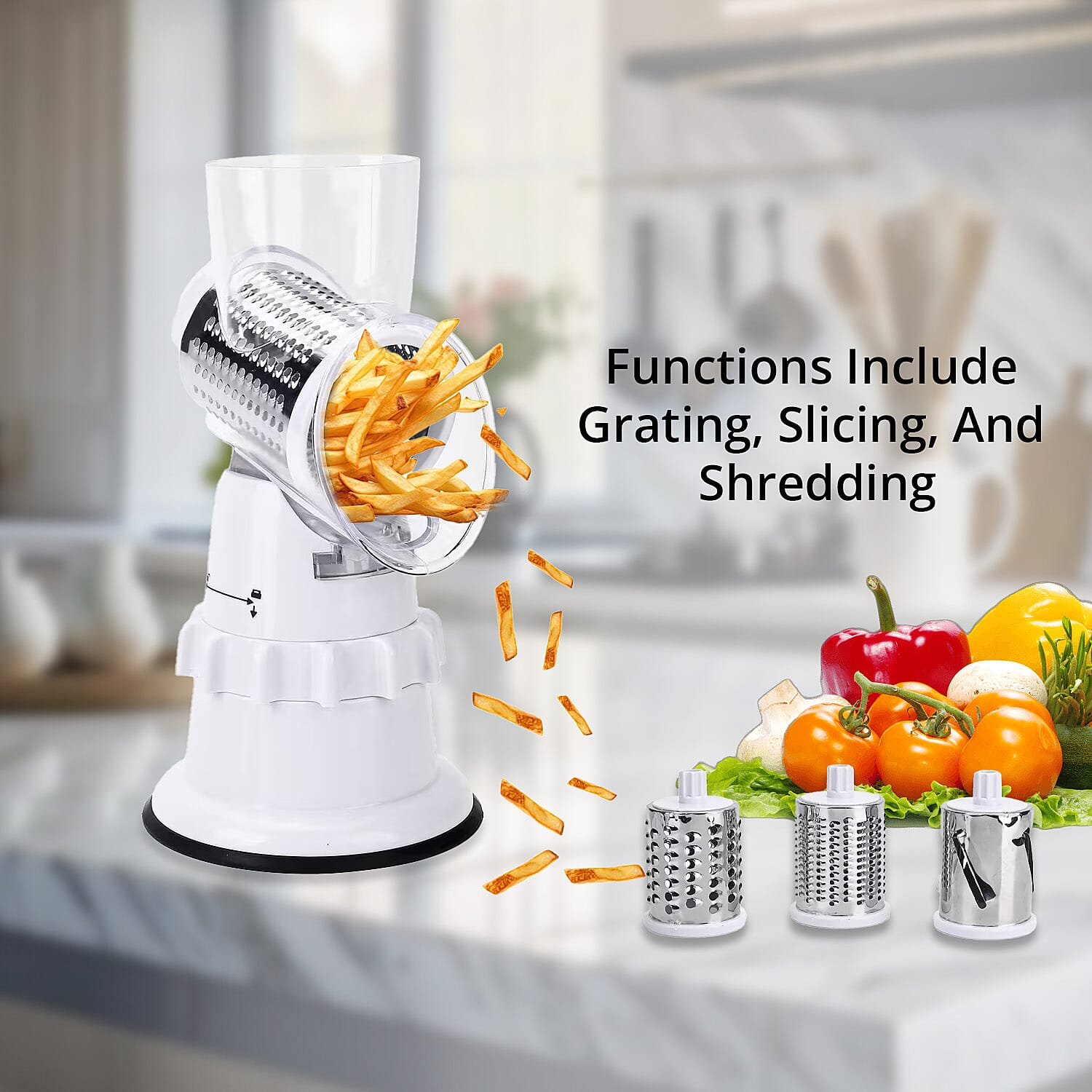 3-in-1 Safe and Convenient Vegetable Chopper with 3 Drum Blades - White