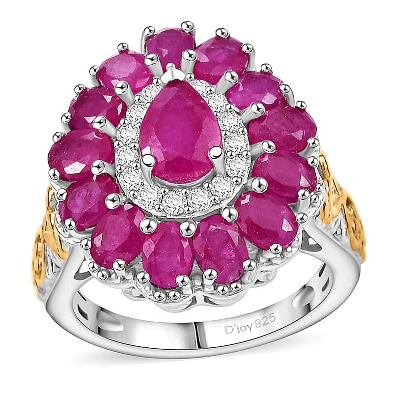 D'Joy Premium Royal Ruby and White Zircon 4.40 ctw Floret Ring in 18K Vermeil YG and Rhodium Over Sterling Silver (Size 10.0)