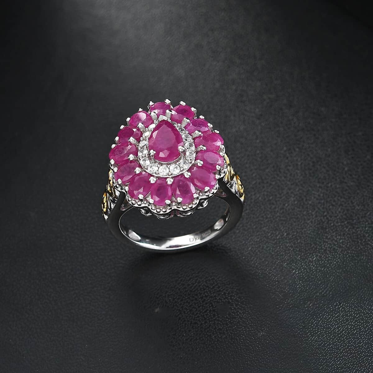 Premium Royal Ruby and White Zircon 4.40 ctw Floret Ring in 18K Vermeil YG and Rhodium Over Sterling Silver (Size 10.0) image number 1