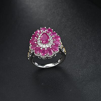 D'Joy Premium Royal Ruby and White Zircon 4.40 ctw Floret Ring in 18K Vermeil YG and Rhodium Over Sterling Silver (Size 10.0)