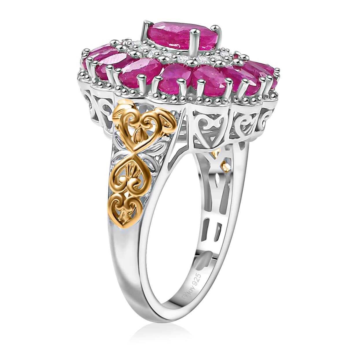 Premium Royal Ruby and White Zircon 4.40 ctw Floret Ring in 18K Vermeil YG and Rhodium Over Sterling Silver (Size 10.0) image number 3