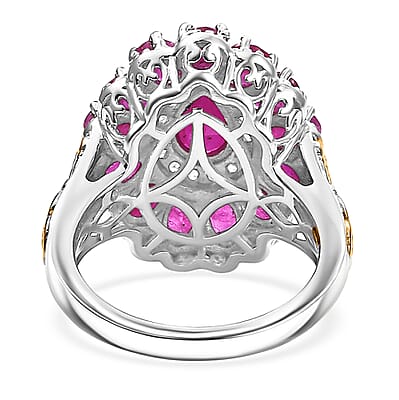 D'Joy Premium Royal Ruby and White Zircon 4.40 ctw Floret Ring in 18K Vermeil YG and Rhodium Over Sterling Silver (Size 10.0)