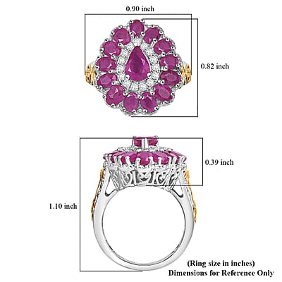 D'Joy Premium Royal Ruby and White Zircon 4.40 ctw Floret Ring in 18K Vermeil YG and Rhodium Over Sterling Silver (Size 10.0)