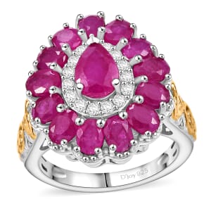 Premium Royal Ruby, White Zircon Floret Ring in 18K Vermeil YG and Rhodium Over Sterling Silver (Size 7.0) 4.40 ctw
