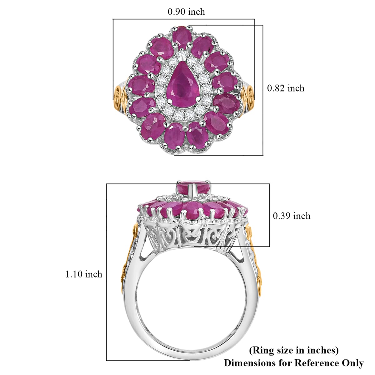 Premium Royal Ruby, White Zircon Floret Ring in 18K Vermeil YG and Rhodium Over Sterling Silver (Size 7.0) 4.40 ctw image number 5