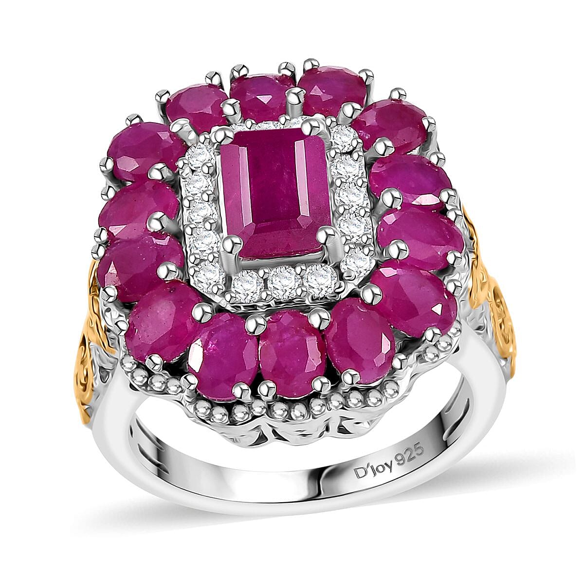 D'Joy Premium Royal Ruby and White Zircon 5.10 ctw Floret Ring in 18K Vermeil YG and Rhodium Over Sterling Silver (Size 10.0) image number 0