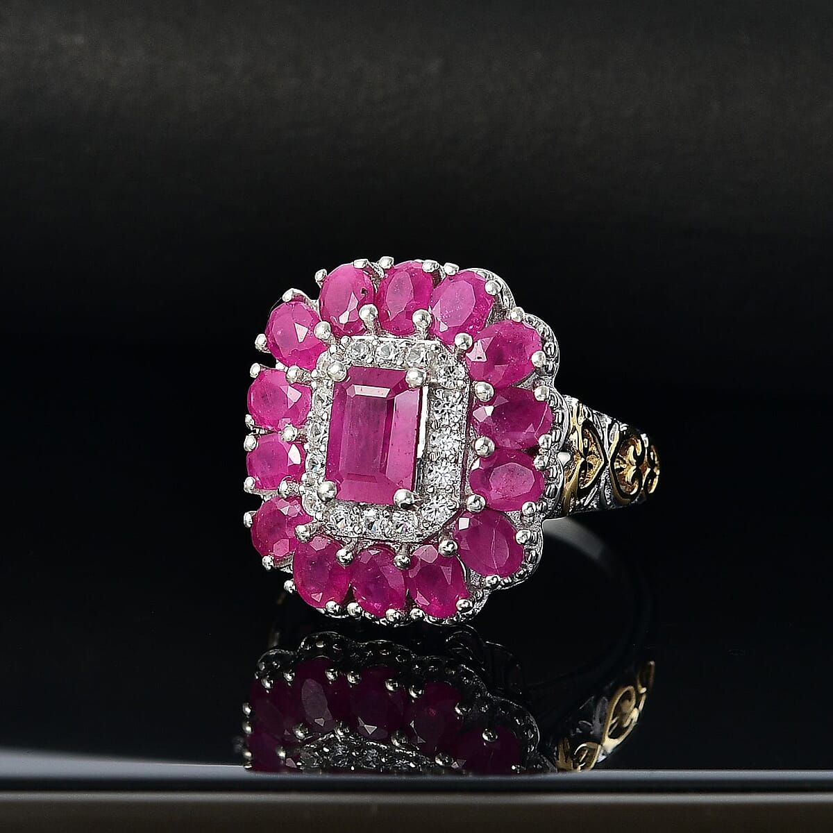 D'Joy Premium Royal Ruby and White Zircon 5.10 ctw Floret Ring in 18K Vermeil YG and Rhodium Over Sterling Silver (Size 10.0) image number 1
