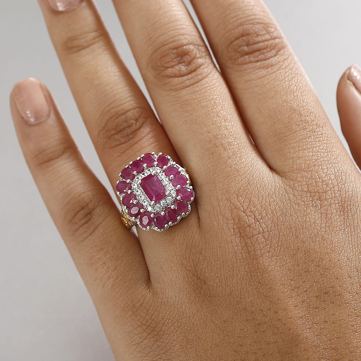 D'Joy Premium Royal Ruby and White Zircon 5.10 ctw Floret Ring in 18K Vermeil YG and Rhodium Over Sterling Silver (Size 10.0) image number 2