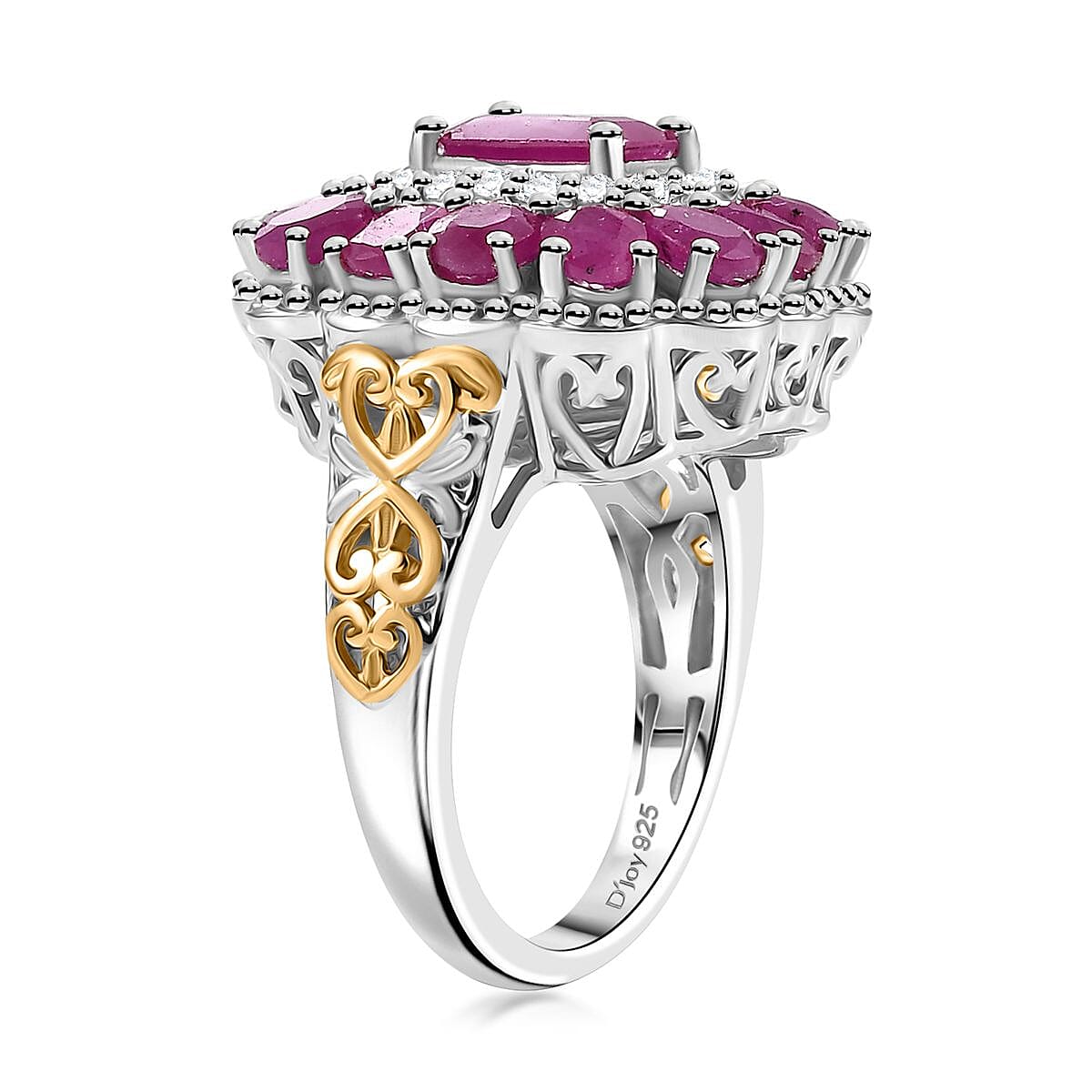 D'Joy Premium Royal Ruby and White Zircon 5.10 ctw Floret Ring in 18K Vermeil YG and Rhodium Over Sterling Silver (Size 10.0) image number 3