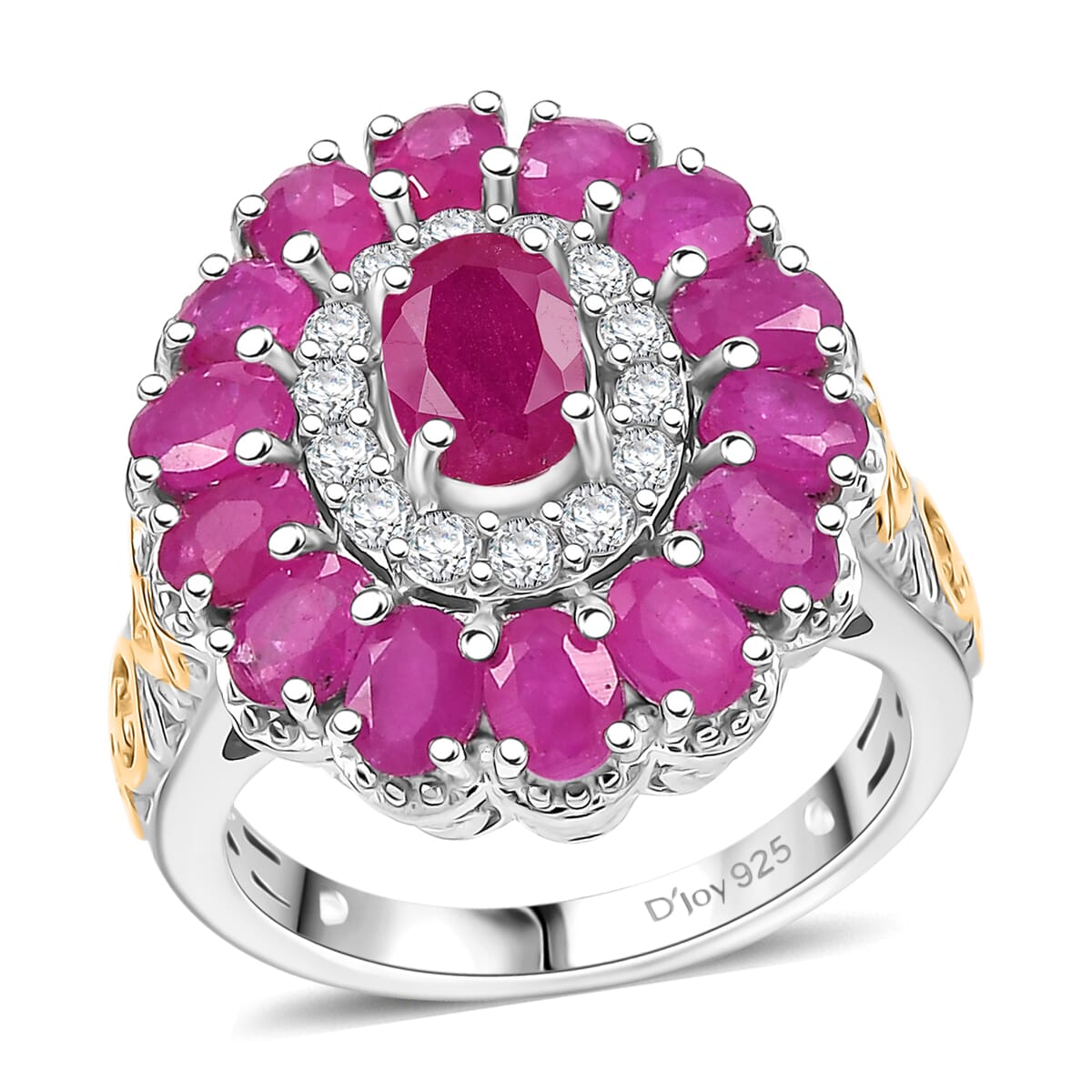 Premium Royal Ruby and White Zircon 4.90 ctw Floret Ring in 18K Vermeil YG and Rhodium Over Sterling Silver (Size 10.0) image number 0