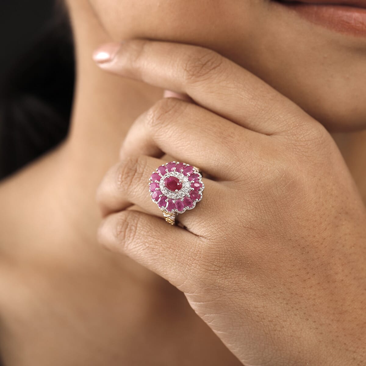 Premium Royal Ruby and White Zircon 4.90 ctw Floret Ring in 18K Vermeil YG and Rhodium Over Sterling Silver (Size 10.0) image number 2