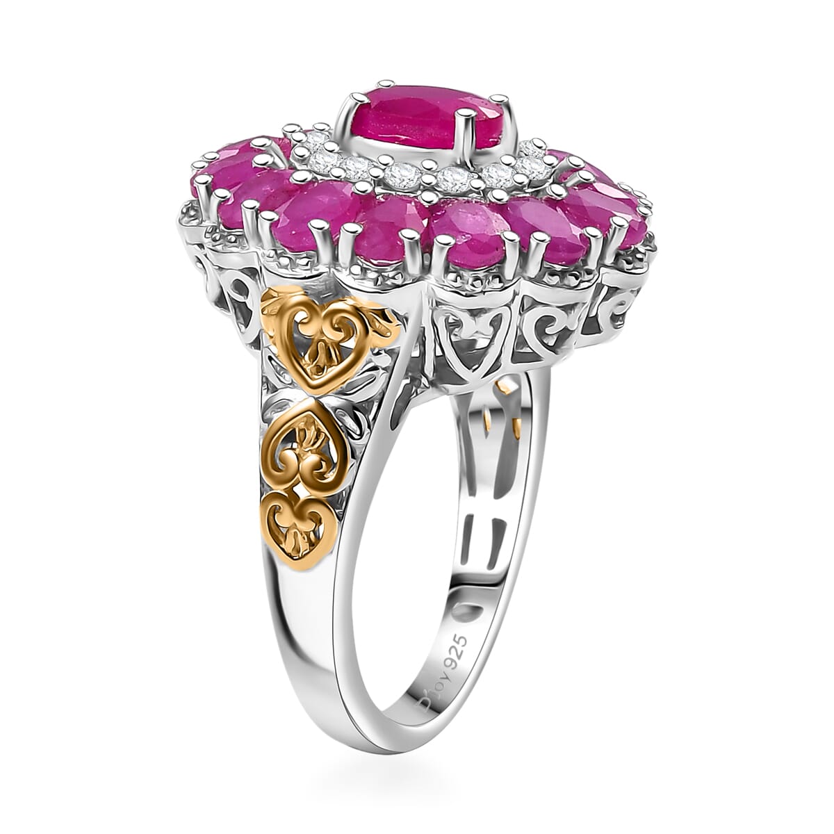 Premium Royal Ruby and White Zircon 4.90 ctw Floret Ring in 18K Vermeil YG and Rhodium Over Sterling Silver (Size 10.0) image number 3