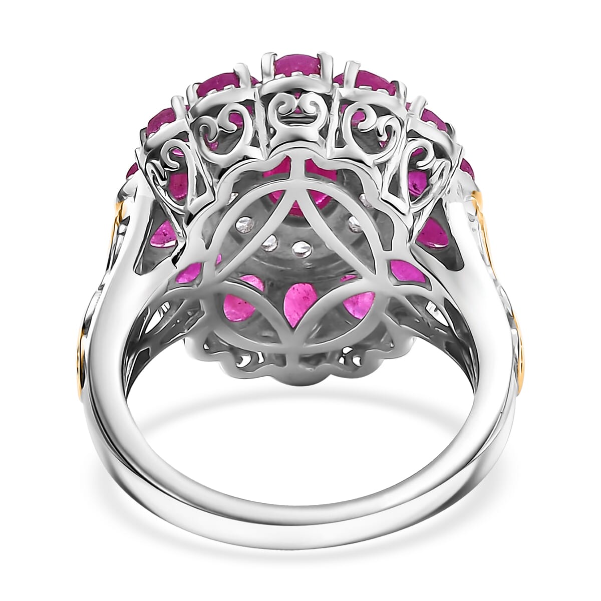 Premium Royal Ruby and White Zircon 4.90 ctw Floret Ring in 18K Vermeil YG and Rhodium Over Sterling Silver (Size 10.0) image number 4