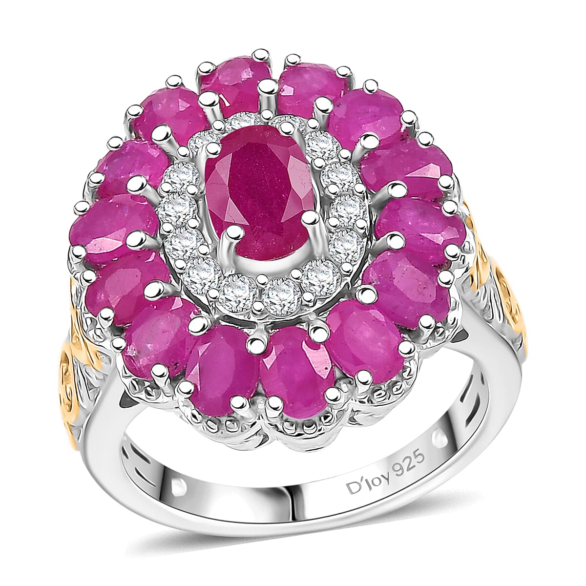 Premium Royal Ruby and White Zircon 4.90 ctw Floret Ring in 18K Vermeil YG and Rhodium Over Sterling Silver (Size 6.0) image number 0